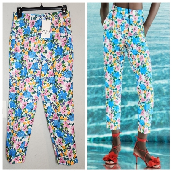 NWT Zara Highwaist Multi Floral Printed Straight Leg Pants Pockets Size Medium - Picture 1 of 16